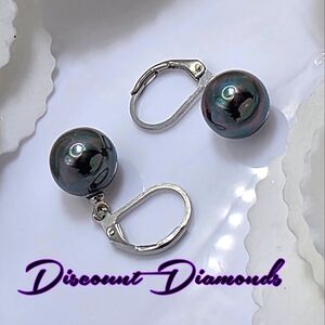 10mm Black South Sea Shell Pearl Leverback Earrings 925 Silver